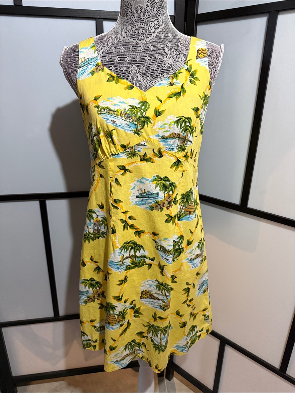 Yellow Tropical Print Mini Dress - Sleeveless V-Neck
